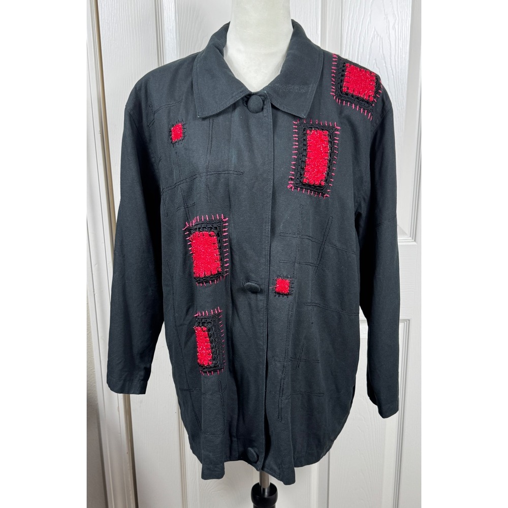 Great Cavalier Silk XL Jacket Embellished‎ Patchwork Full Zip Button Up Black